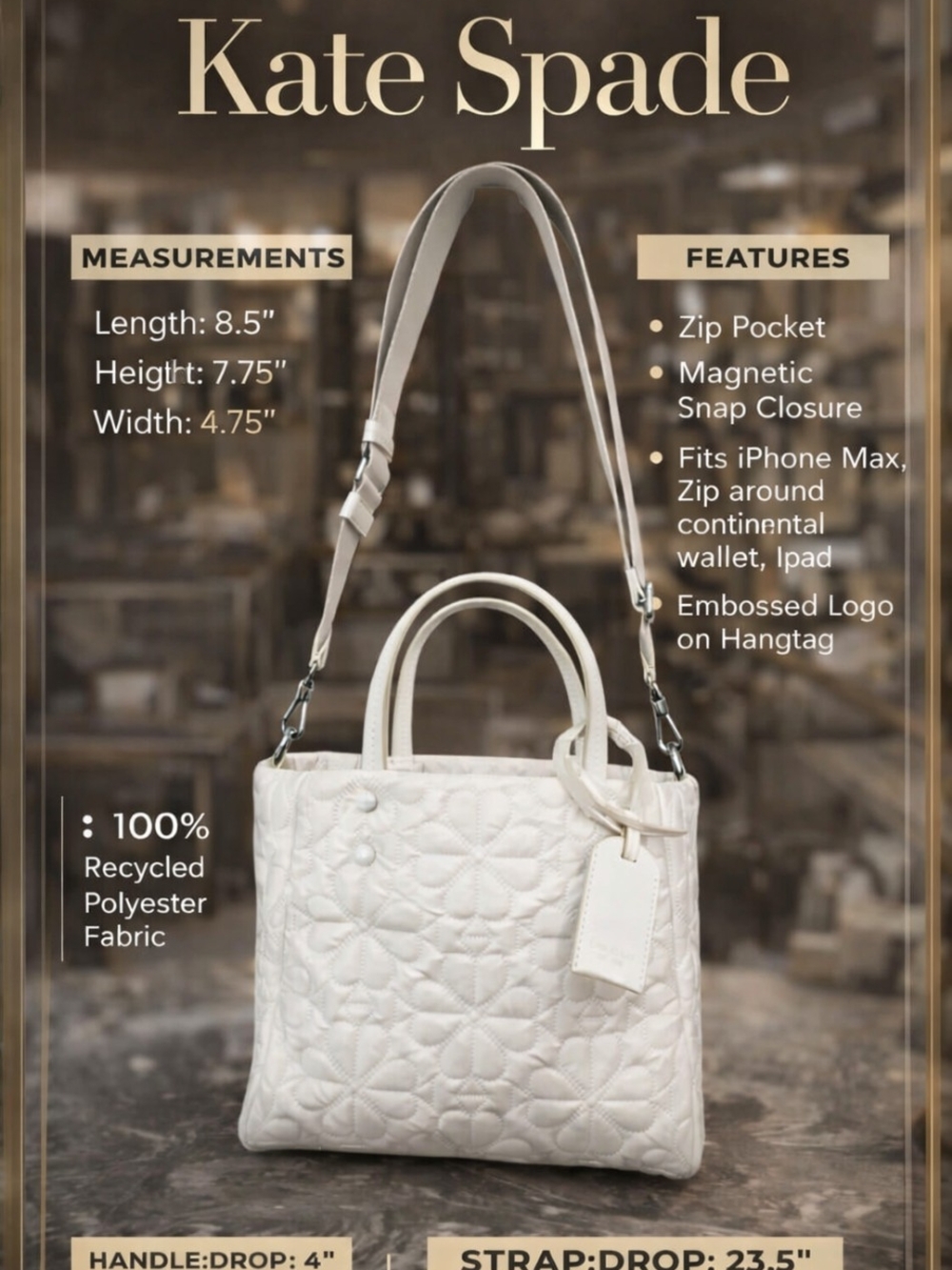 kate spade Tilly White Quilted Small Tote Bag with Detachable Strap. NWT.